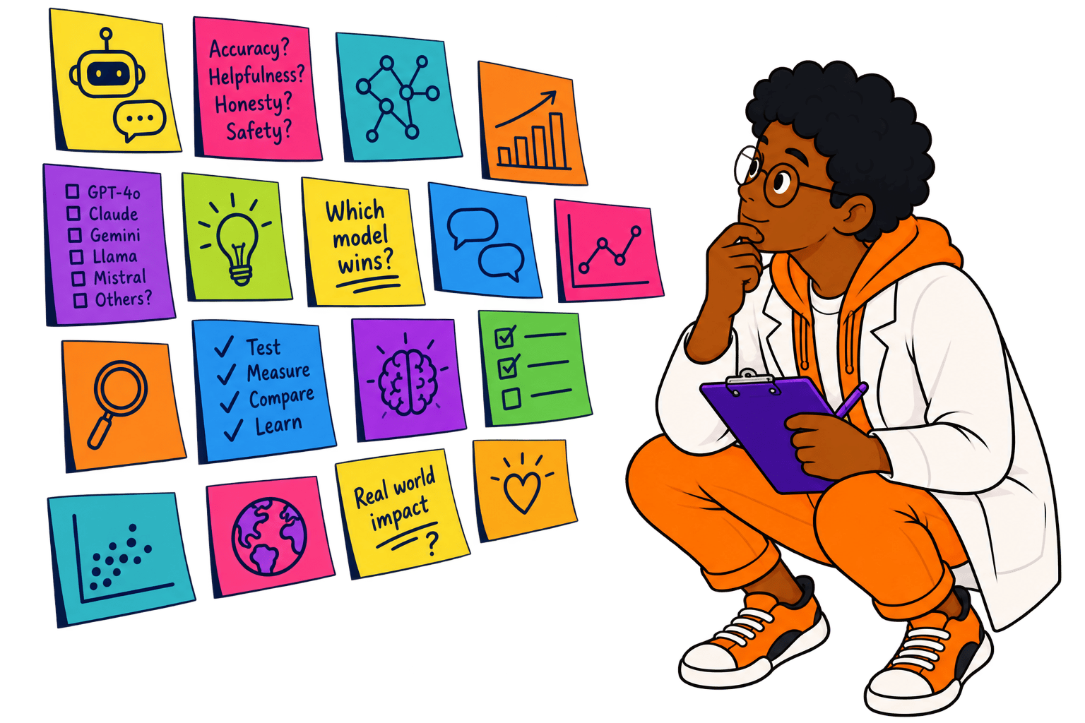 A man looking at sticky notes of categories