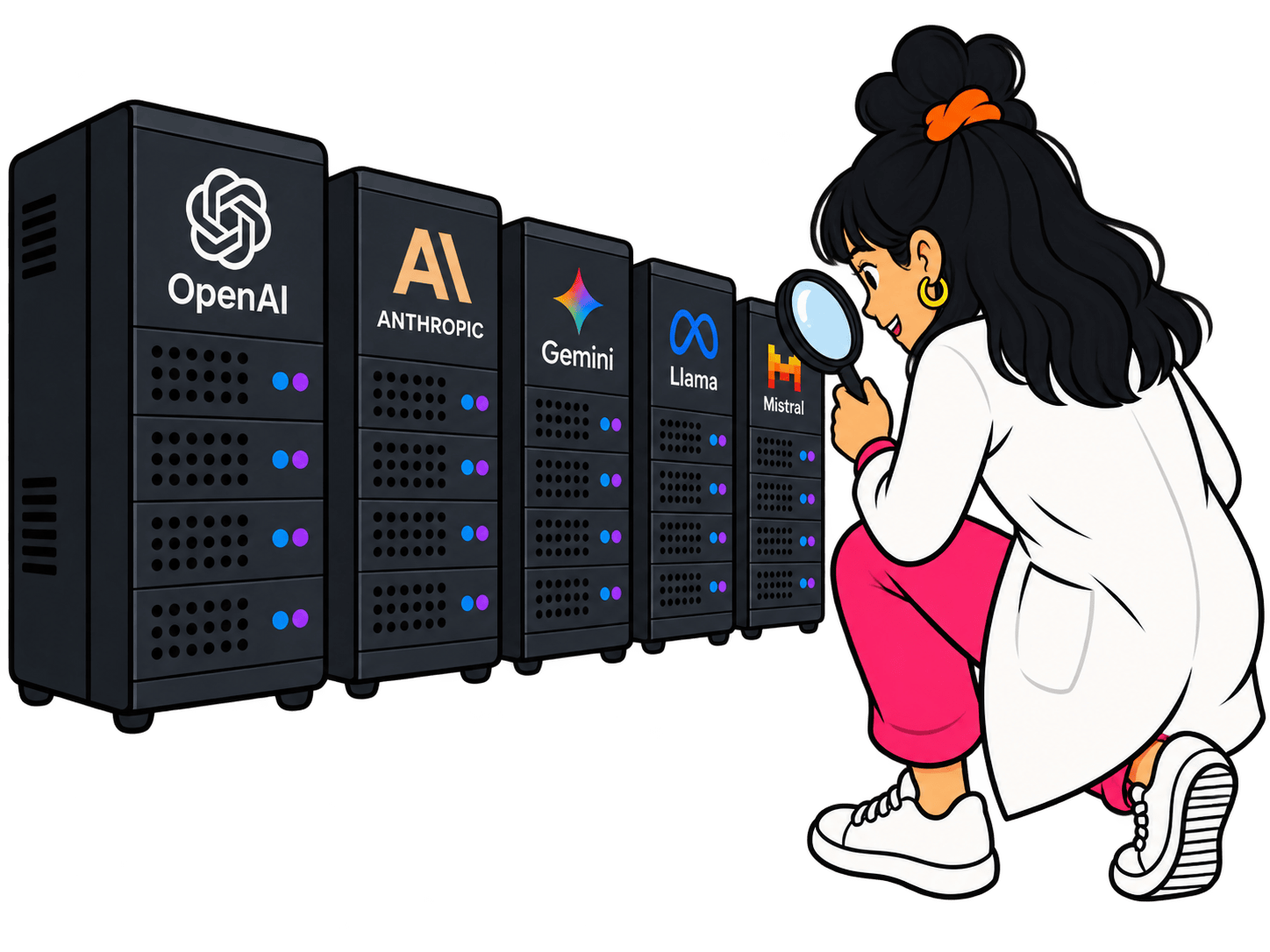 A woman looking at a row of LLM servers